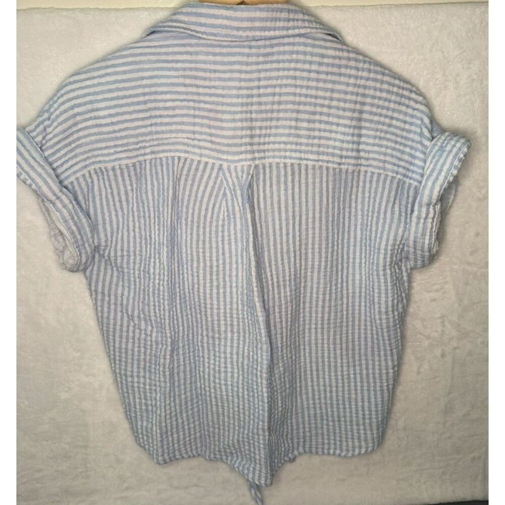 BeachLunchLounge Women’s Large Blue White Striped Cotton Tie Front Button Down